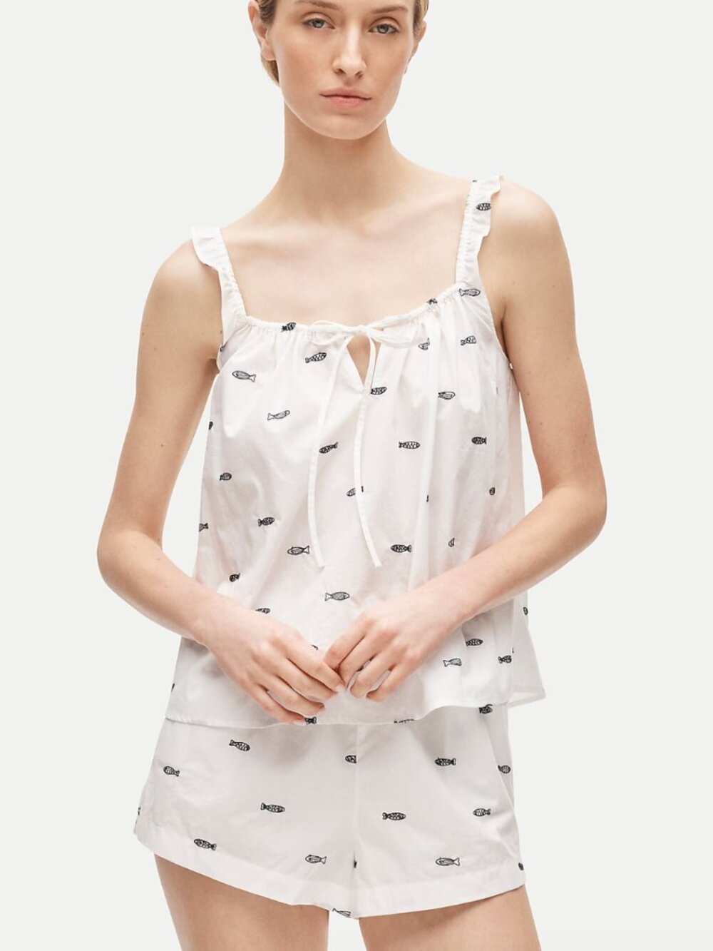 NEW J. Crew embroidered camisole pajama set in cotton poplin embroidered fish